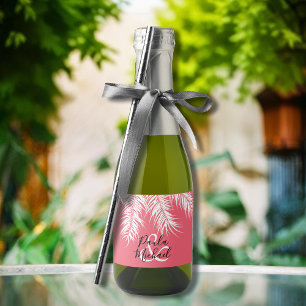 Tropical White Palms on Pink Wedding Mini Sparkling Wine Label