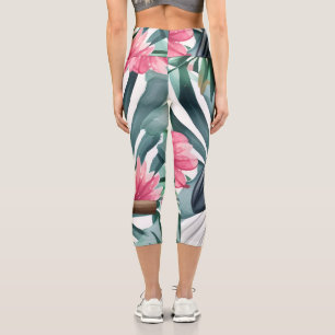 Tropical White Parrot Bird Pattern Capri Leggings
