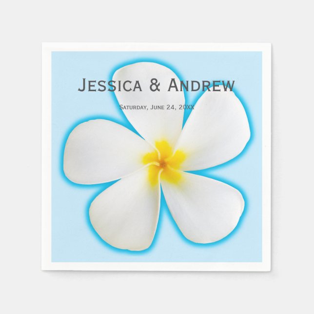Tropical, White Plumeria on Blue, Floral, Napkins (Front)
