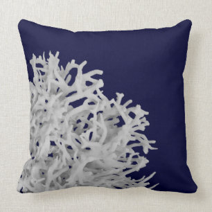 Tropical White Sea Coral on Navy Blue Beach Cushion