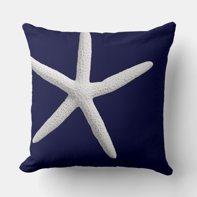 Tropical White Starfish on Navy Blue Beach Cushion (Front)