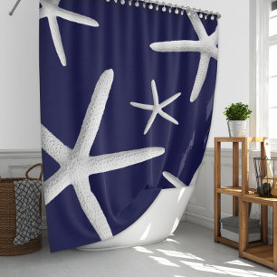 Tropical White Starfish on Navy Blue Beach Shower Shower Curtain
