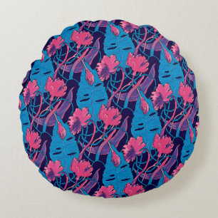Tropical Wild Flowers Blue Pink Modern Exotic Round Cushion