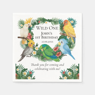 Tropical Wild One Exotic Parrots Greenery Birthday Napkin