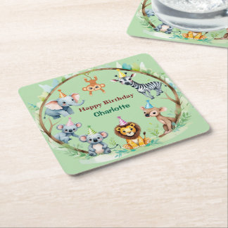 Tropical Wild One Jungle Safari Animals Birthday Square Paper Coaster