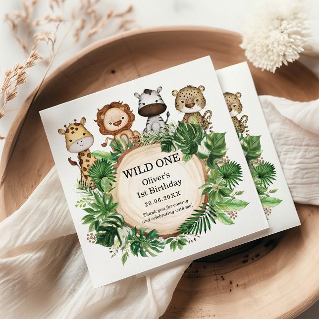 Tropical Wild One Jungle Safari Greenery Birthday Napkin (Creator Uploaded)