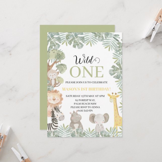 Tropical Wild One Safari Animals Boy 1st Birthday  Invitation (Front/Back In Situ)