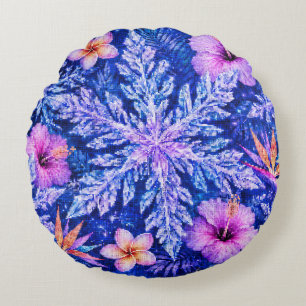 Tropical Winter Snowflakes Round Cushion