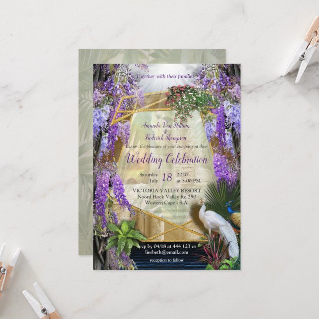 Tropical Wisteria flowers & large colourful birds  Invitation (Front/Back In Situ)