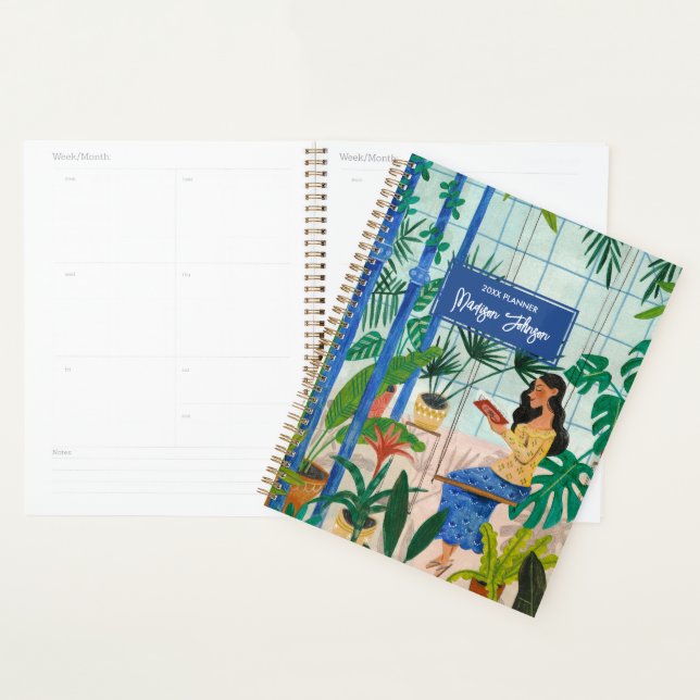 Tropical woman in greenhouse reading illustration planner (Display)