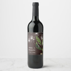 TROPICAL WOOD PALM STARRY NIGHT MASON JAR WEDDING WINE LABEL