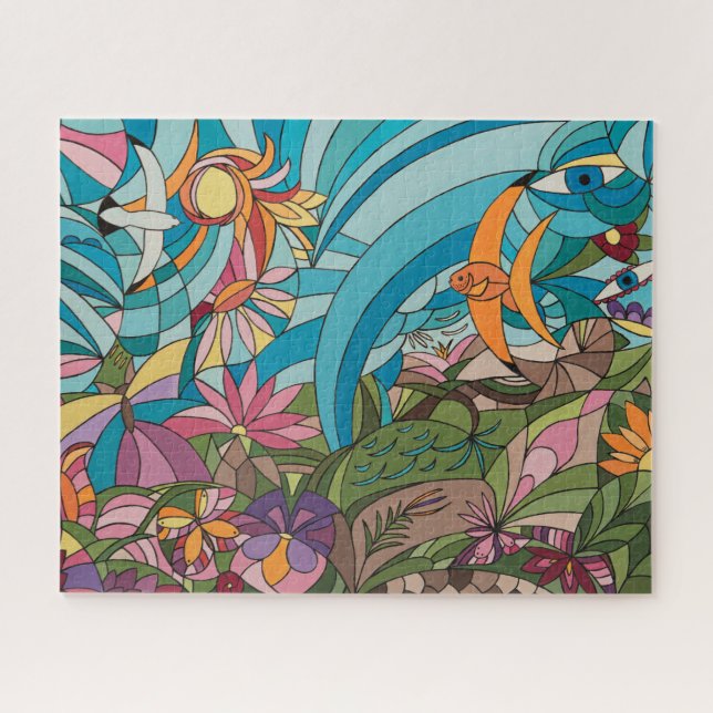 Tropical world stained glass style jigsaw puzzle (Horizontal)