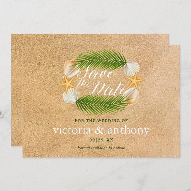 Tropical Wreath Sandy Beach Wedding Save The Date (Front/Back)