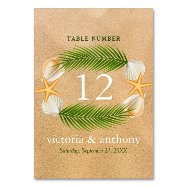 Tropical Wreath Sandy Beach Wedding Table Number (Front)