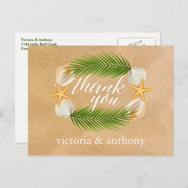 Tropical Wreath Sandy Beach Wedding Thank You Postcard (Front/Back)