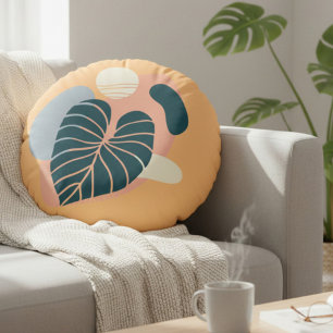 Tropical Yellow and Blue Abstract Round Cushion