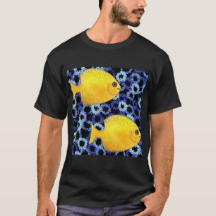 Tropical Yellow Fish Indigo Coral Reef Pattern T-Shirt