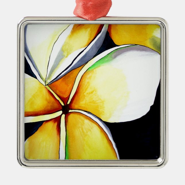 Tropical Yellow Frangipani flower original art Metal Tree Decoration (Front)
