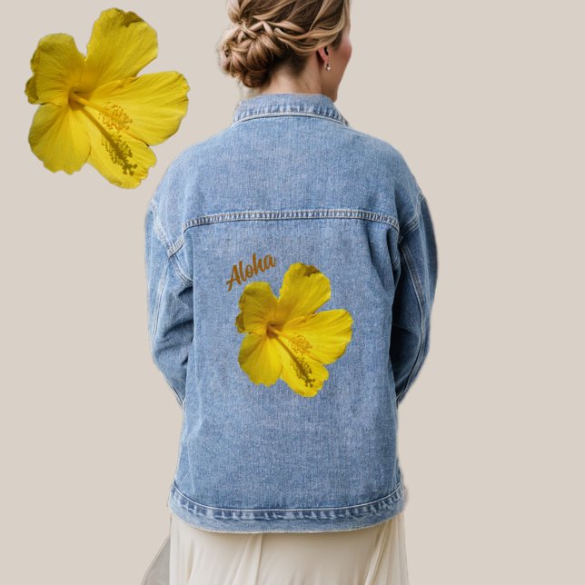 Tropical Yellow Hibiscus Floral Hawaiian Aloha Denim Jacket (Creator Uploaded)