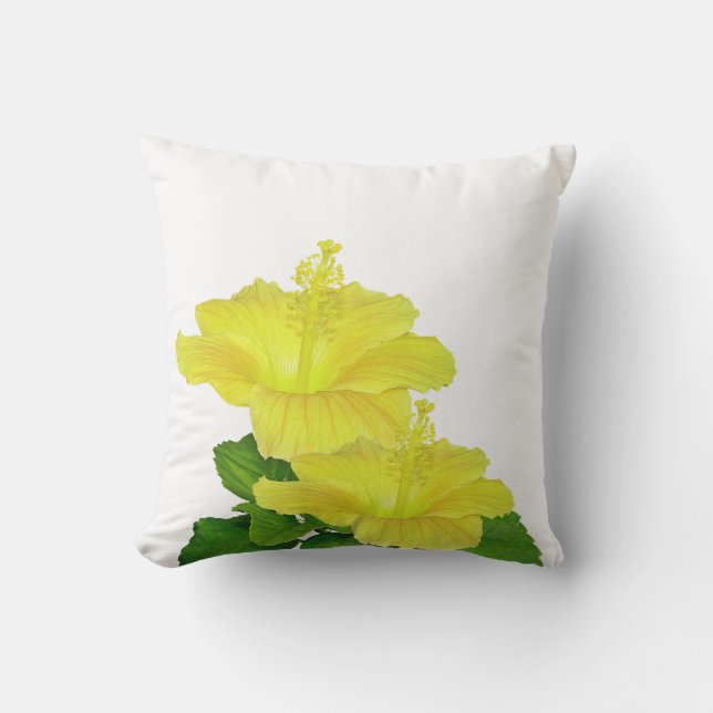 Tropical Yellow Hibiscus on a White Square Cushion (Front)