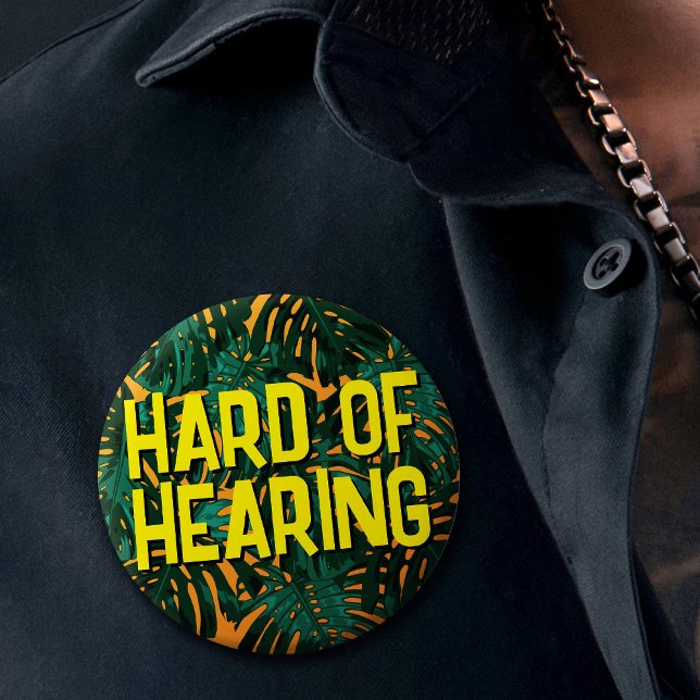 Tropical Yellow Jungle Leaves Hard of Hearing 3 Cm Round Badge (Tropical yellow and green Hard of Hearing badge on men's shirt)