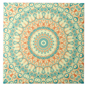 Tropical Yellow Orange Turquoise Mandala Design Tile