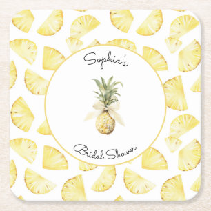 Tropical Yellow Pineapples Bridal Shower Square Paper Coaster