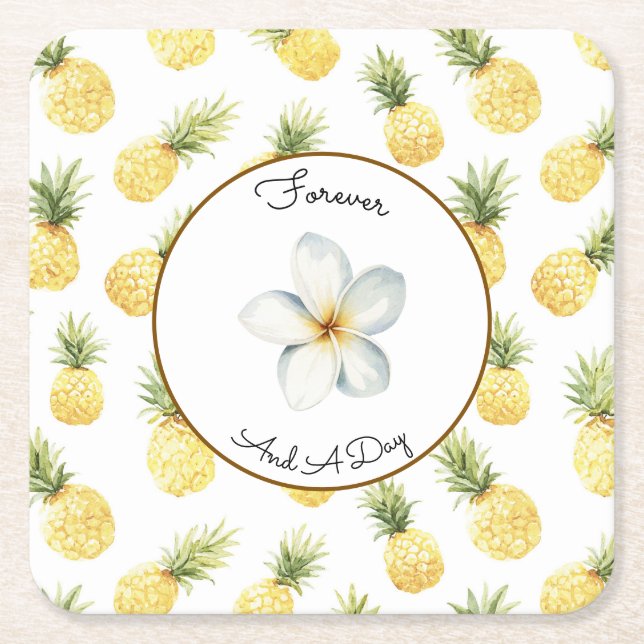 Tropical Yellow Pineapples Wedding Square Paper Coaster (Front)