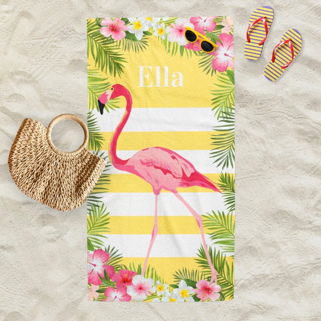 Tropical Yellow Pink Flamingo Floral Custom Name Beach Towel (Creator Uploaded)