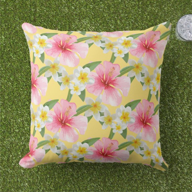 Tropical Yellow Pink Hibiscus Flowers Pattern Cushion (Grass)