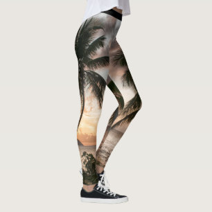 Tropical Yellow Sunset Palm Trees Caribbean Sea Leggings