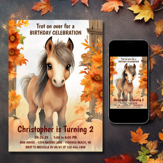 Trot on Over Cute Autumn Horse Fall Birthday Invitation