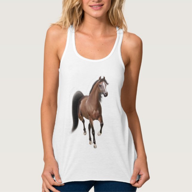 Trotting Bay Arabian Horse Ladies Flowy Tank (Front)