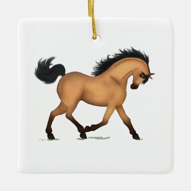 Trotting Buckskin Horse or Pony Equestrian Charm Ceramic Ornament (Front)