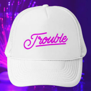 Trouble   Neon Pink Script Trucker Hat