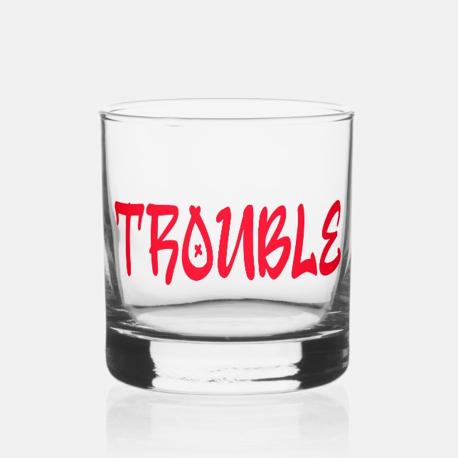 TROUBLE | Red Graffiti Whiskey Glass (Front)