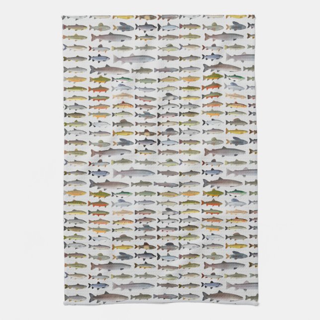 Trout, Char, Grayling, Hucho and Whitefish Group Tea Towel (Vertical)