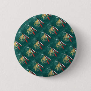 "Trout Fin" Trout Fly tiled wet fly on green 6 Cm Round Badge