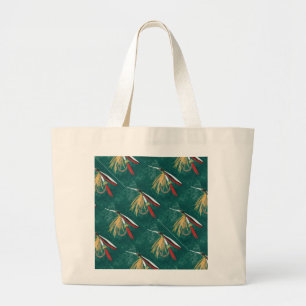 "Trout Fin" Trout Fly tiled wet fly on green Large Tote Bag