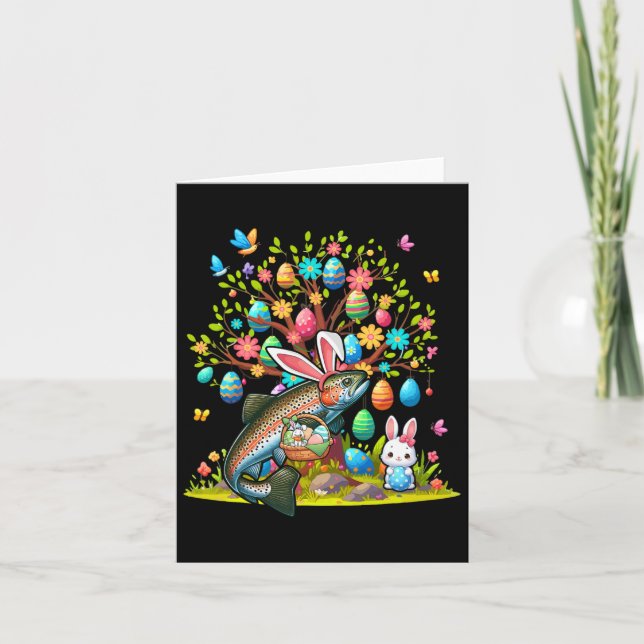 Trout Fish Bunny Easter Eggs Cute Tree Costume Hun Card (Front)