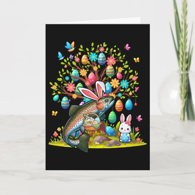 Trout Fish Bunny Easter Eggs Cute Tree Costume Hun Card (Front)