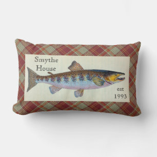 Trout Fish Red Orange Plaid Lumbar Throw Pillow