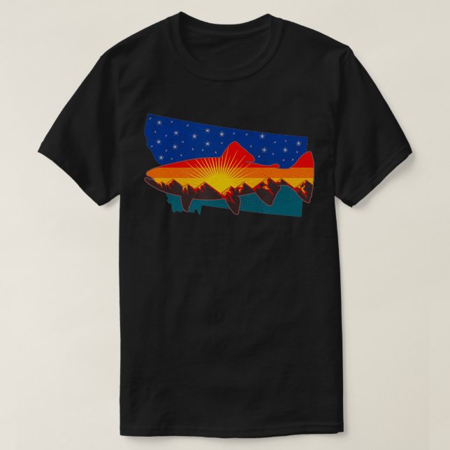 Trout Fly Fishing Nature Montana Mountain Sunset  T-Shirt (Design Front)