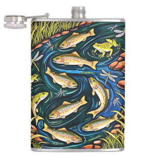 Trout Stream Harmony – Folk Art Fish, Frogs Hip Flask