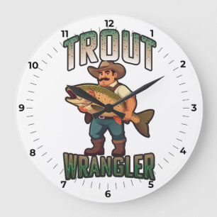 Trout Wrangler cartoon vector illustration Large Clock