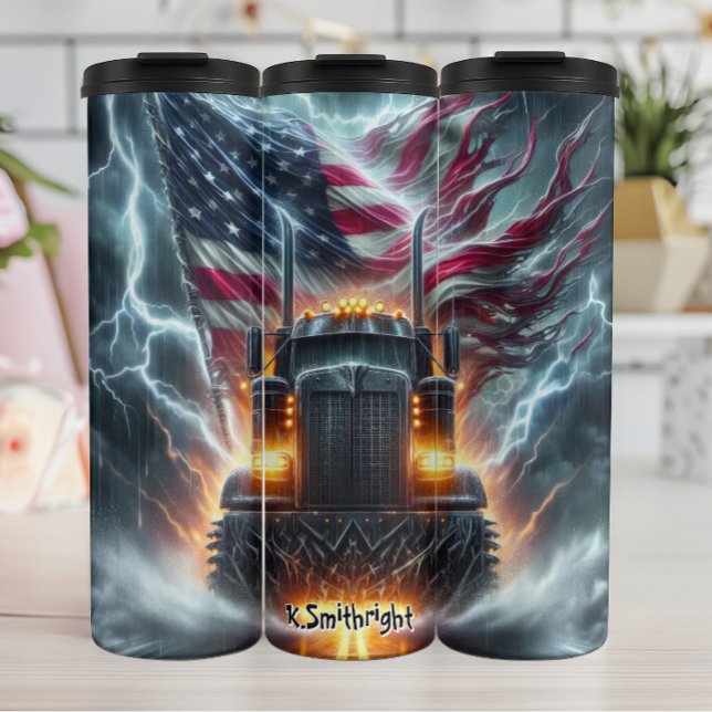 Truck Amidst Lightning and American Flag Thermal Tumbler (Creator Uploaded)