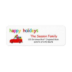 Truck and gifts Christmas label Happy Holidays