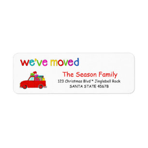 Truck and gifts Christmas label We've Moved