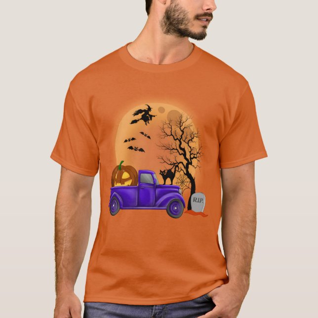 Truck and Pumpkins in Halloween funny T-Shirt (Front)
