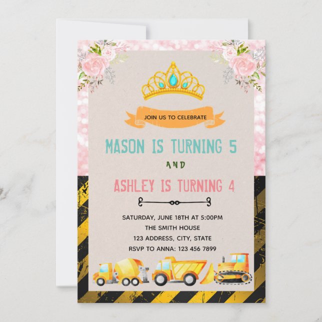 Truck and tiaras birthday party invitation (Front)